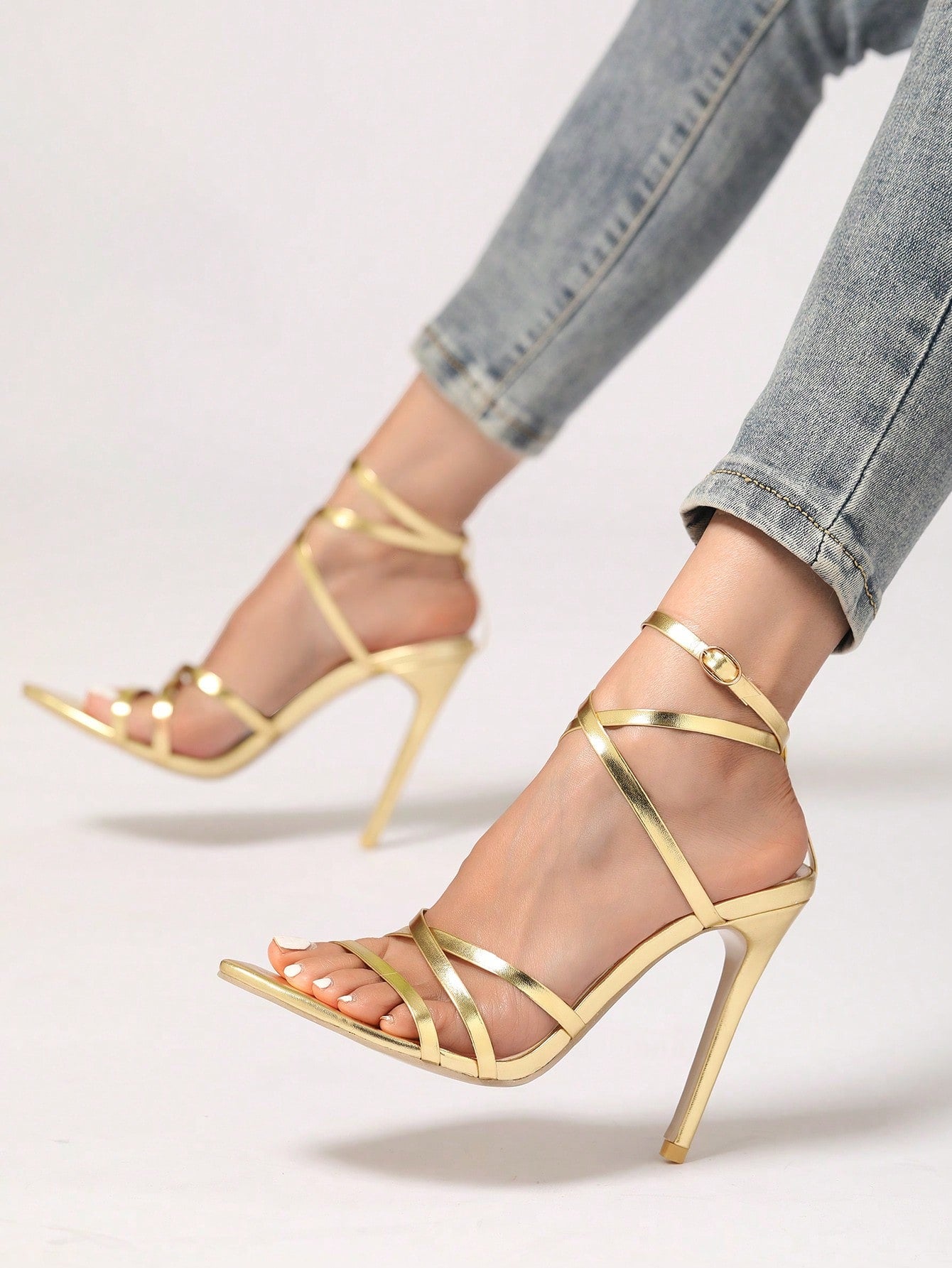 Women Metallic Stiletto Heeled Ankle Strap Sandals