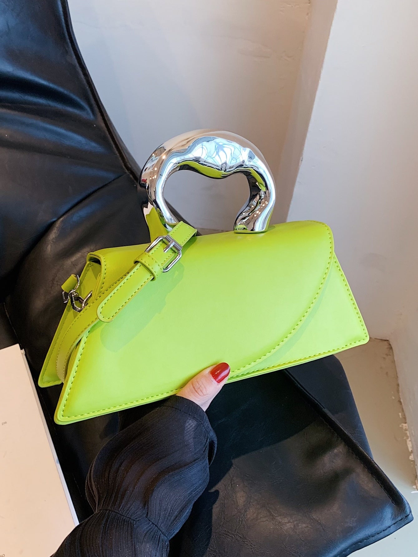 Green Long Shape Metallic Handle Handbag