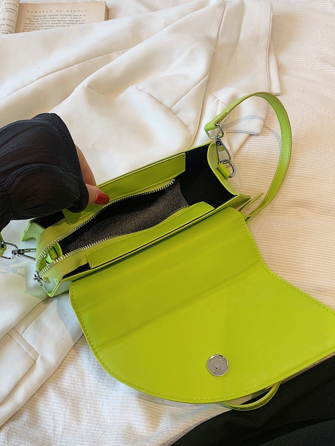 Green Long Shape Metallic Handle Handbag