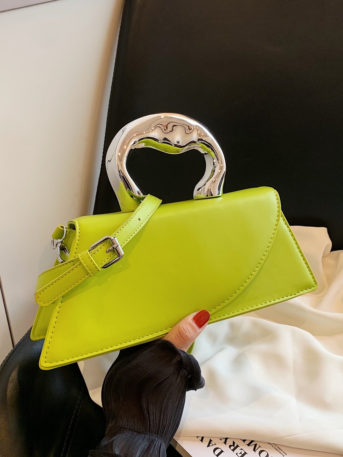 Green Long Shape Metallic Handle Handbag