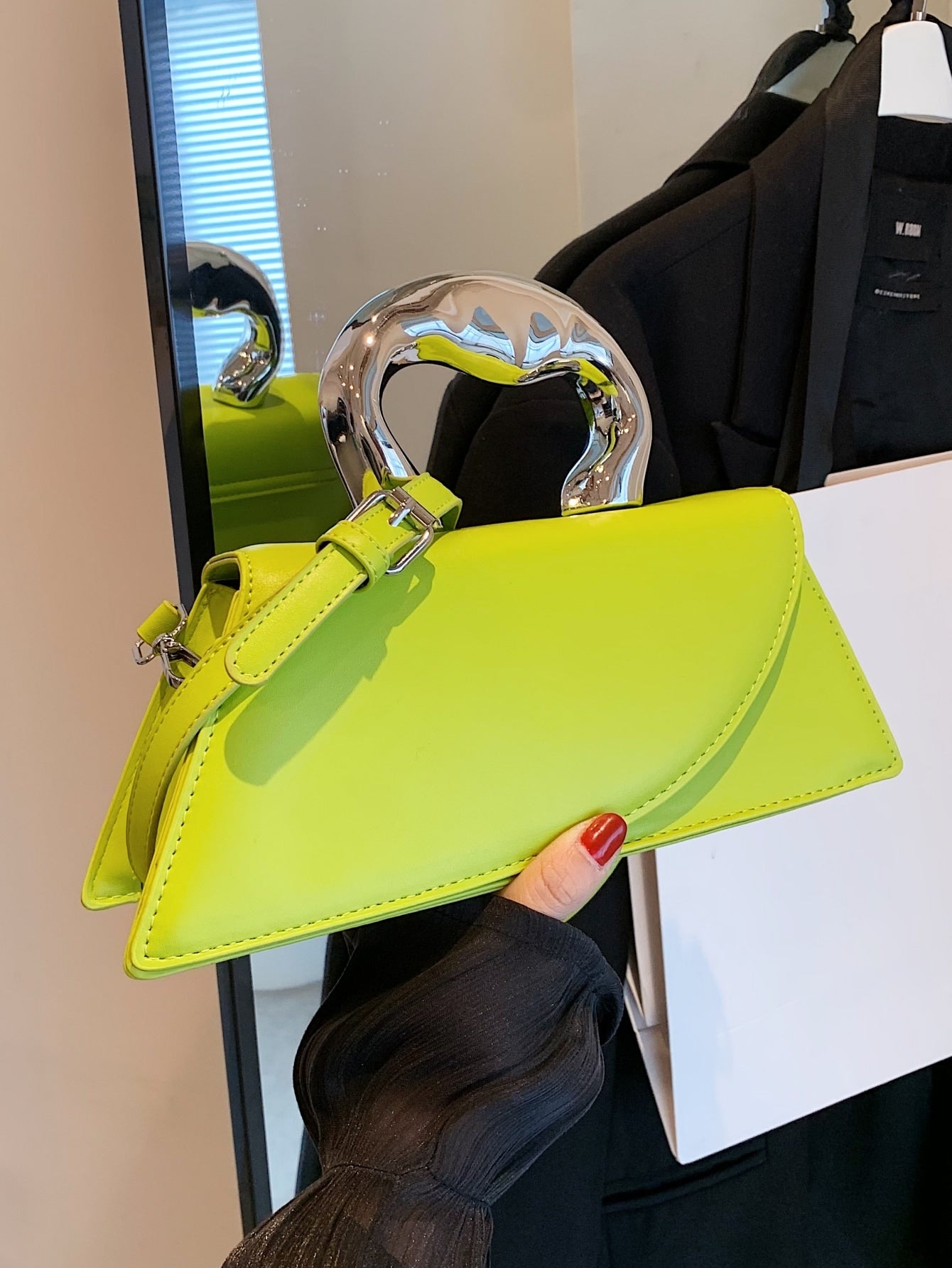 Green Long Shape Metallic Handle Handbag