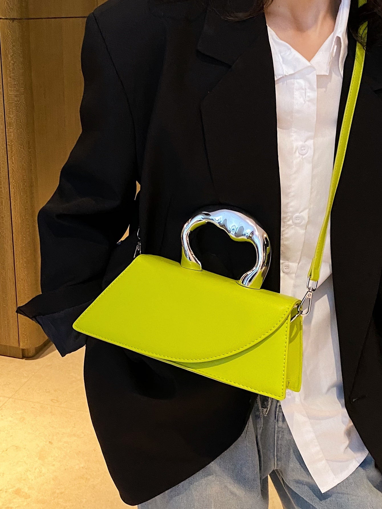 Green Long Shape Metallic Handle Handbag