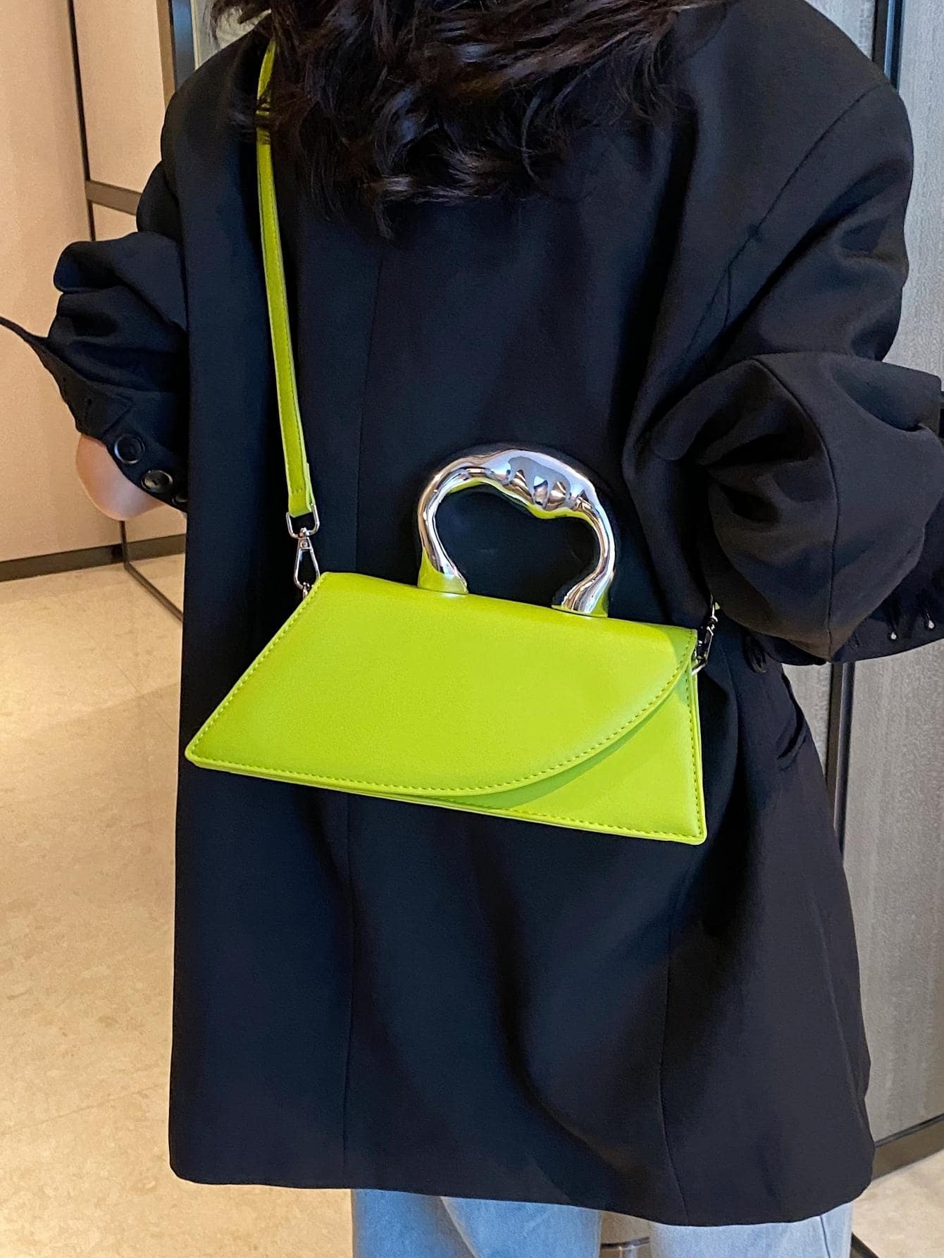 Green Long Shape Metallic Handle Handbag