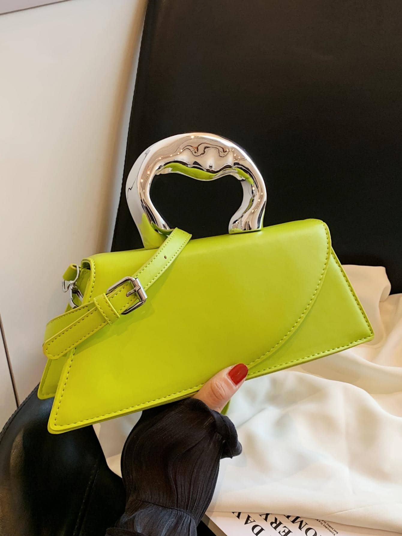 Green Long Shape Metallic Handle Handbag