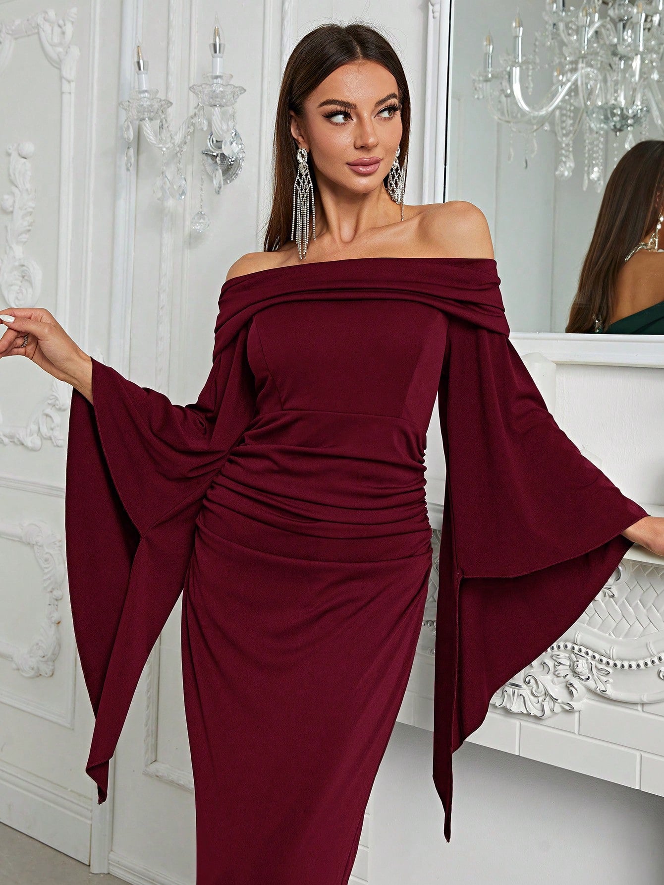 Off Shoulder Flare Sleeve Ruche Dress