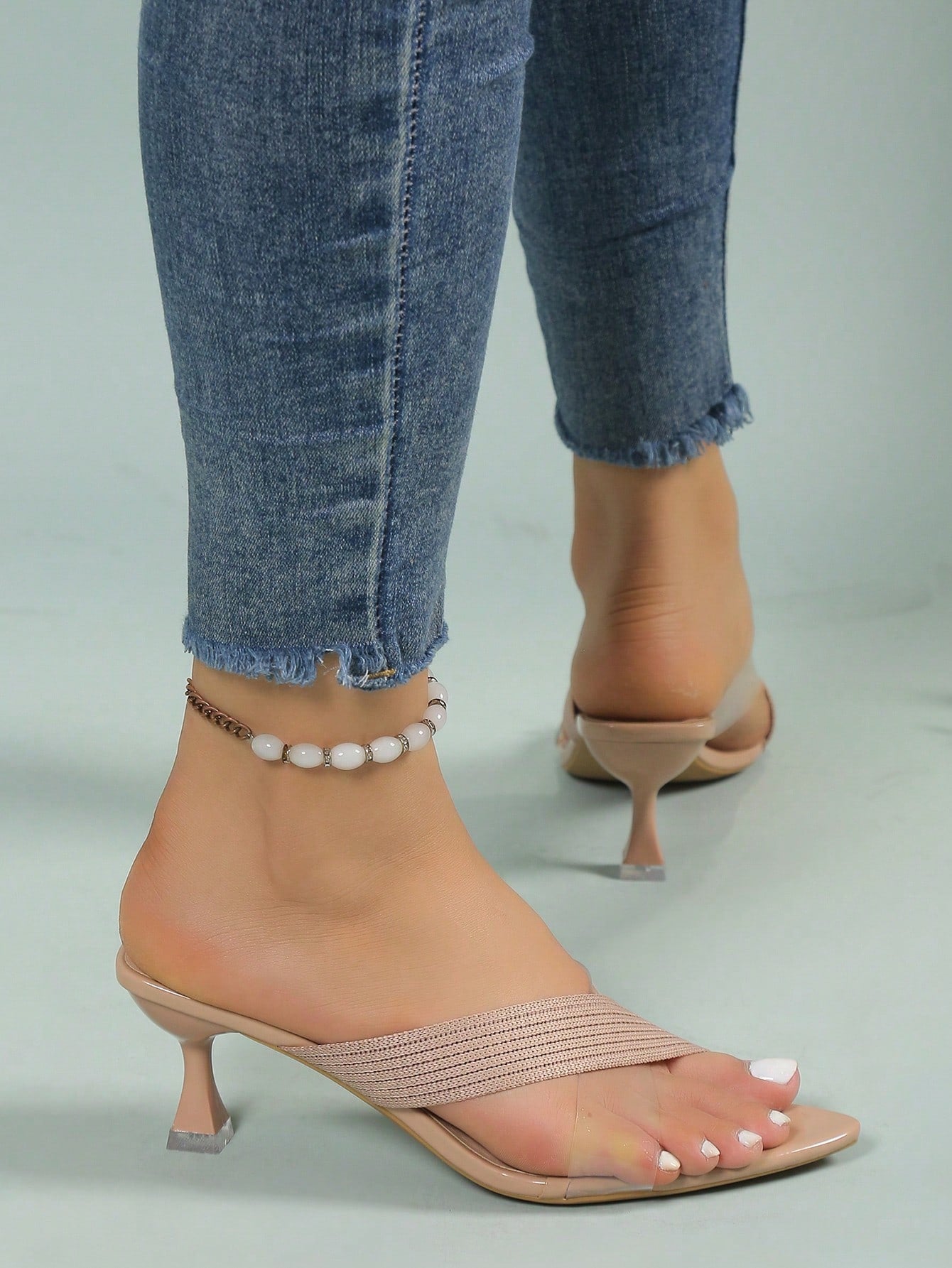 Mules With Fabric Strap, Pointed Toe And Stiletto Heels