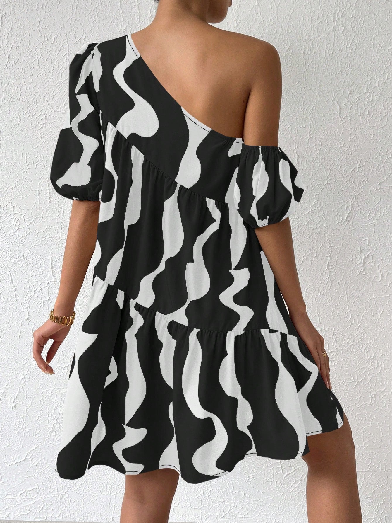 Allover Print Asymmetrical Neck Puff Sleeve Ruffle Hem Smock Dress