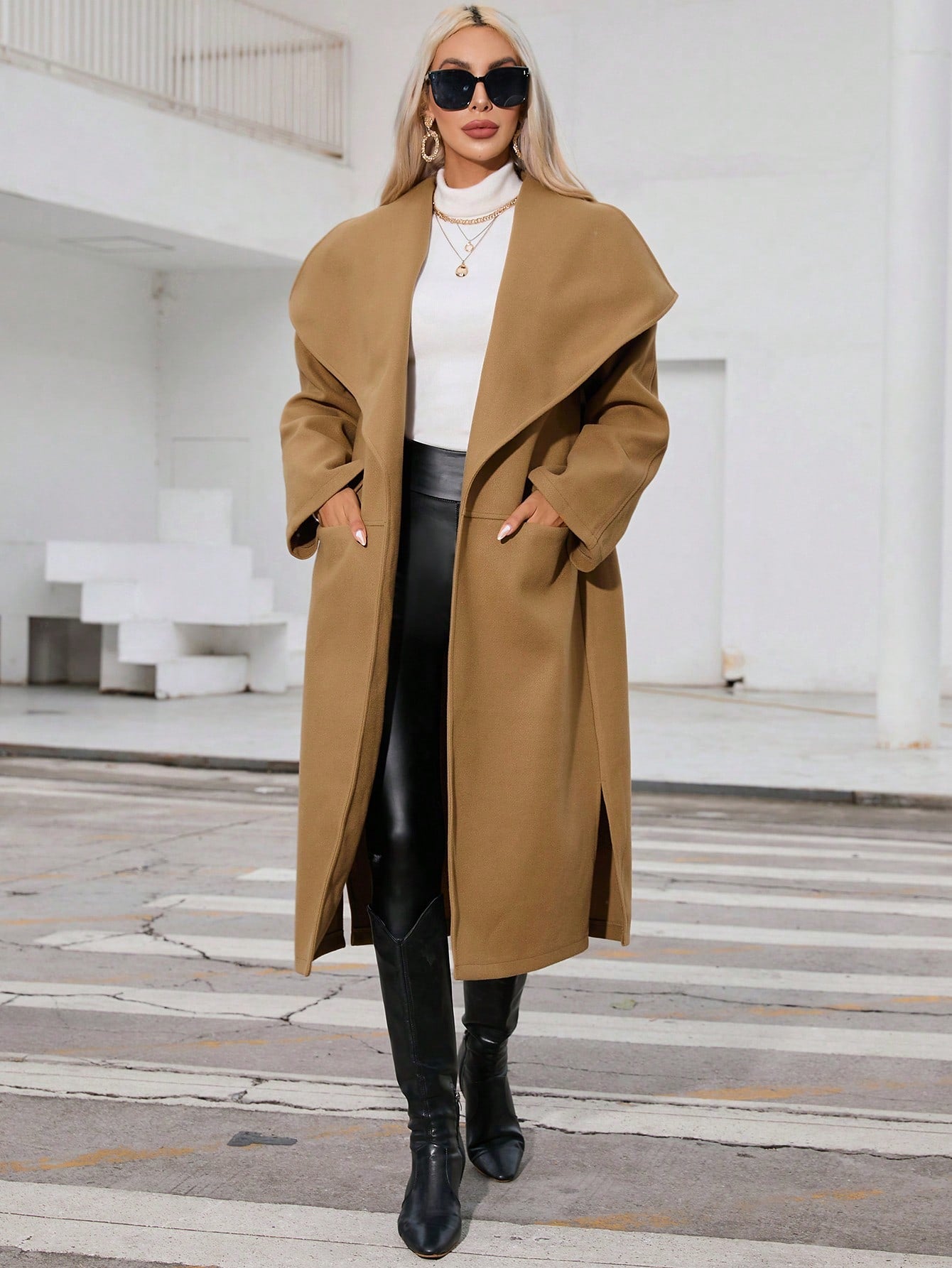 Waterfall Collar Slant Pocket Overcoat