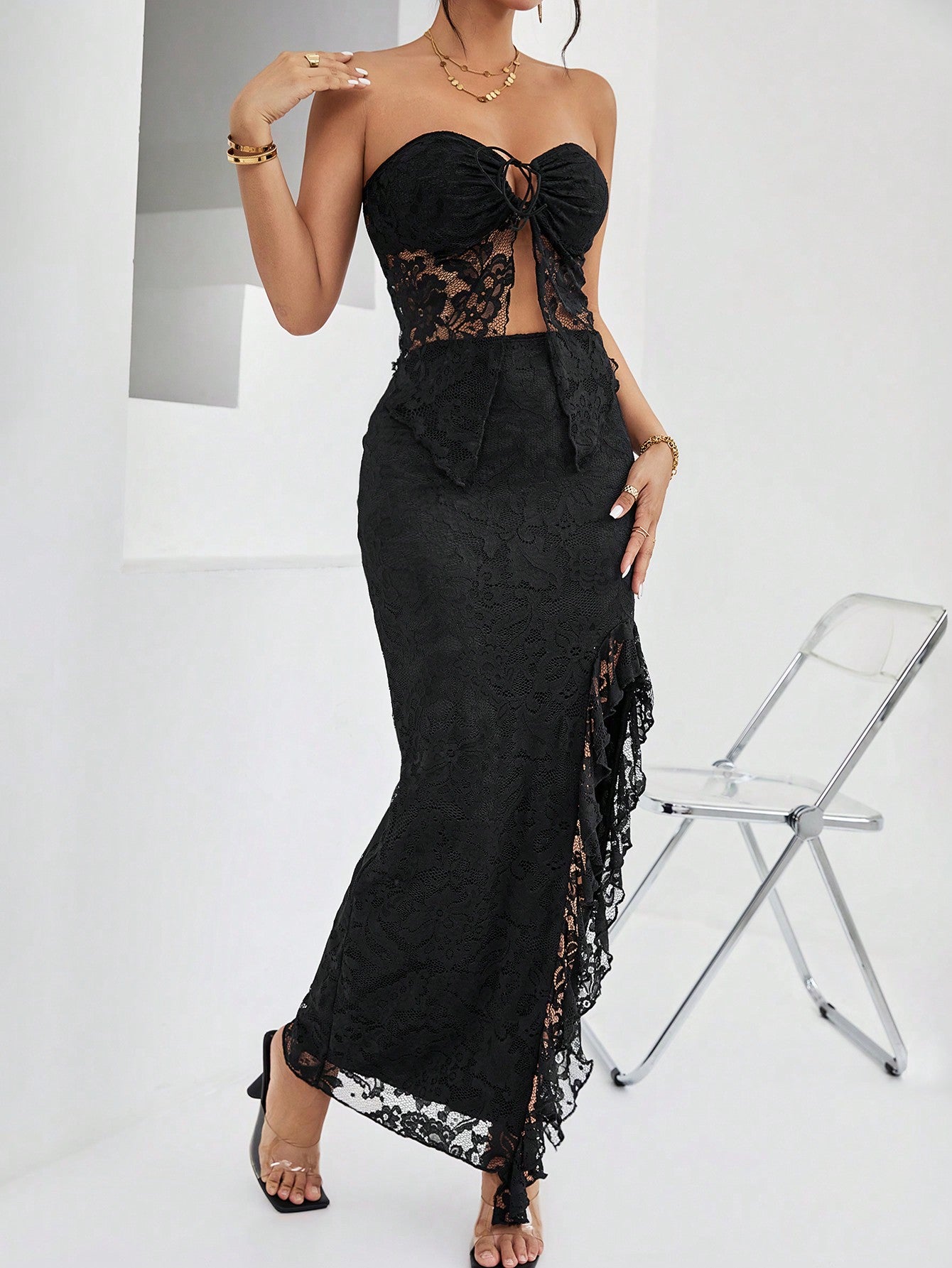 Women's Lace Patchwork Strapless Top And Side Slit Skirt Set