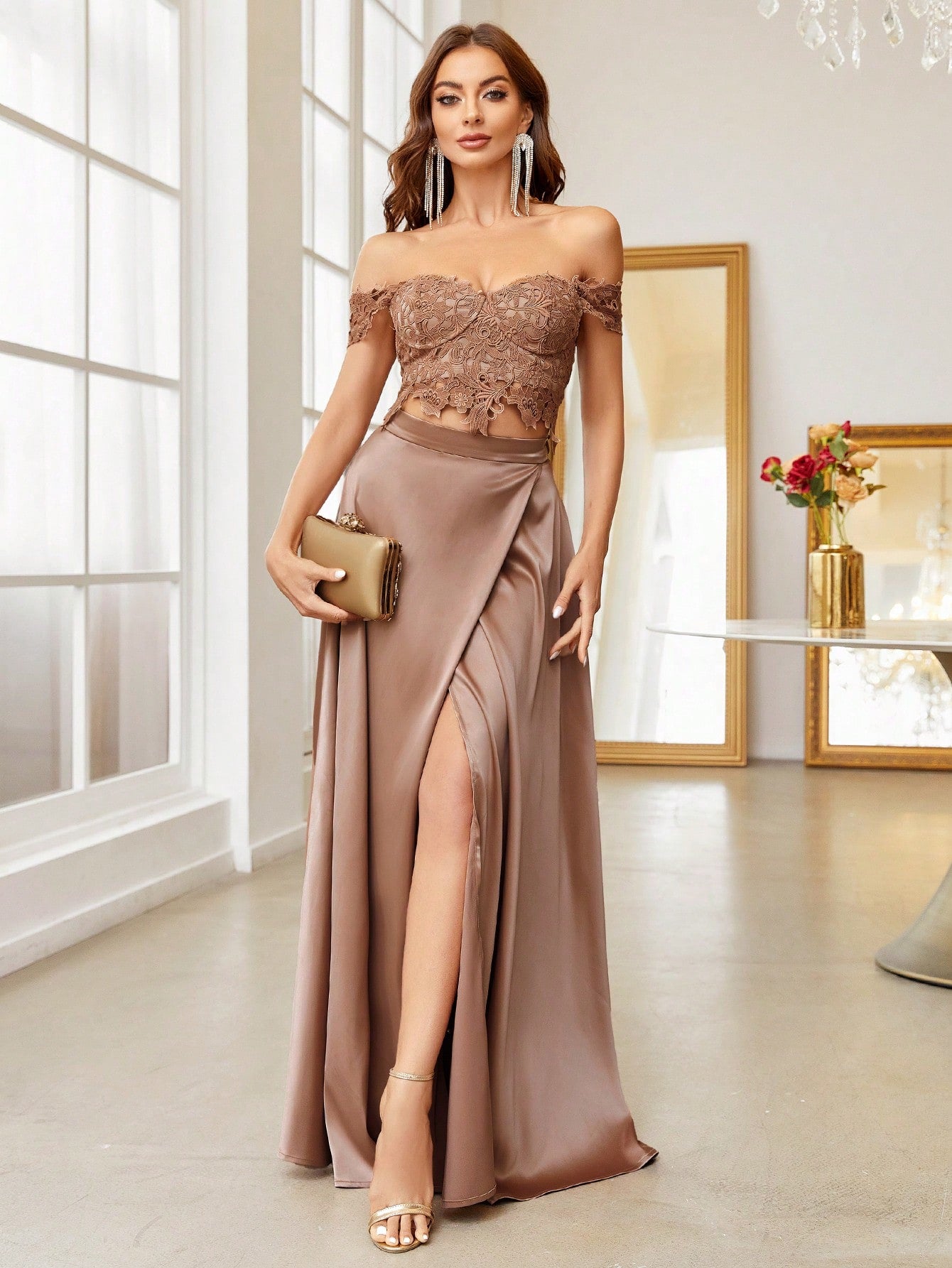 Lace Off Shoulder Crop Top And Wrap Slit Skirt Two Piece Set