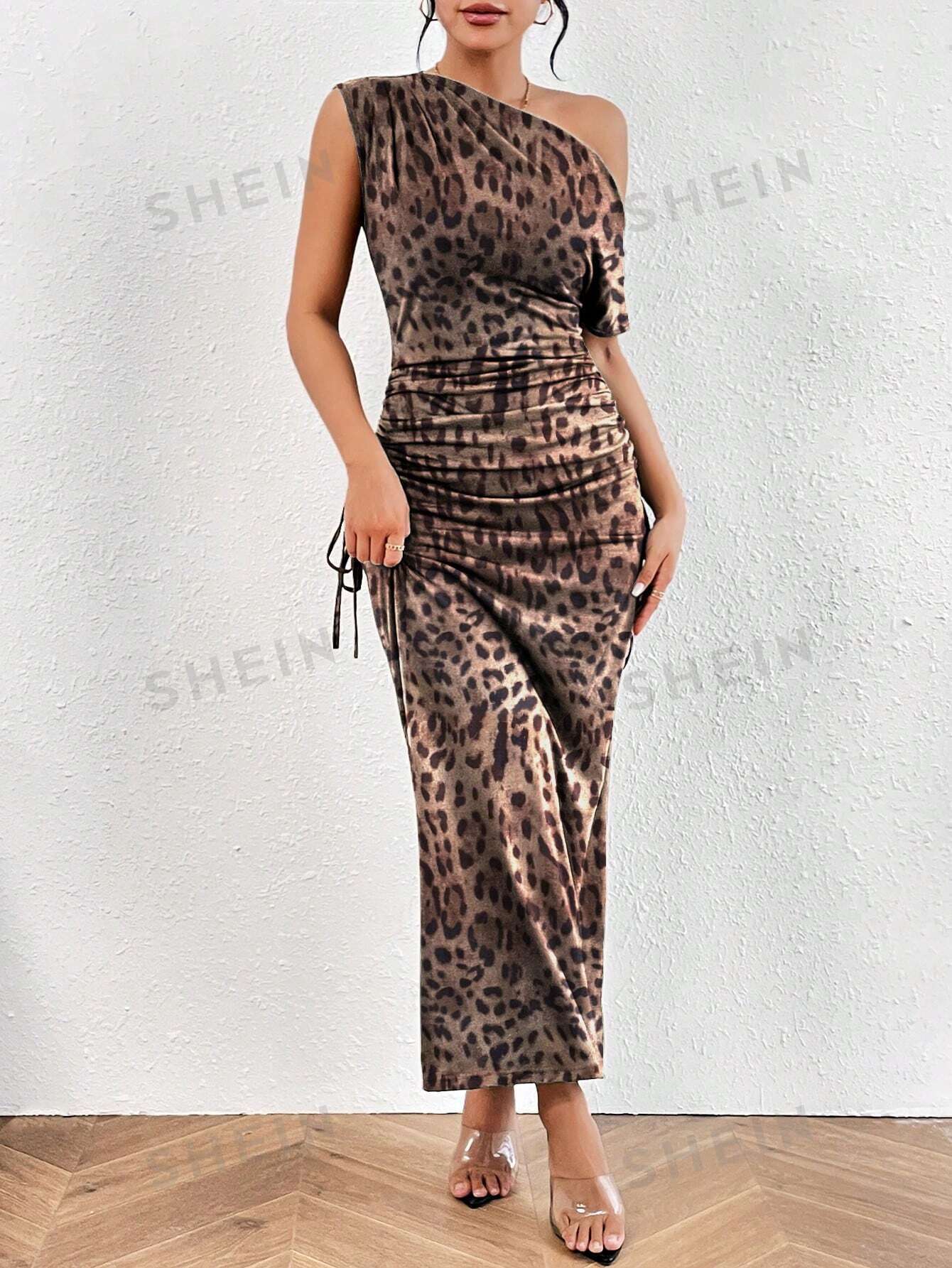 Leopard Print Asymmetrical Neck Ruched Side Mermaid Dress