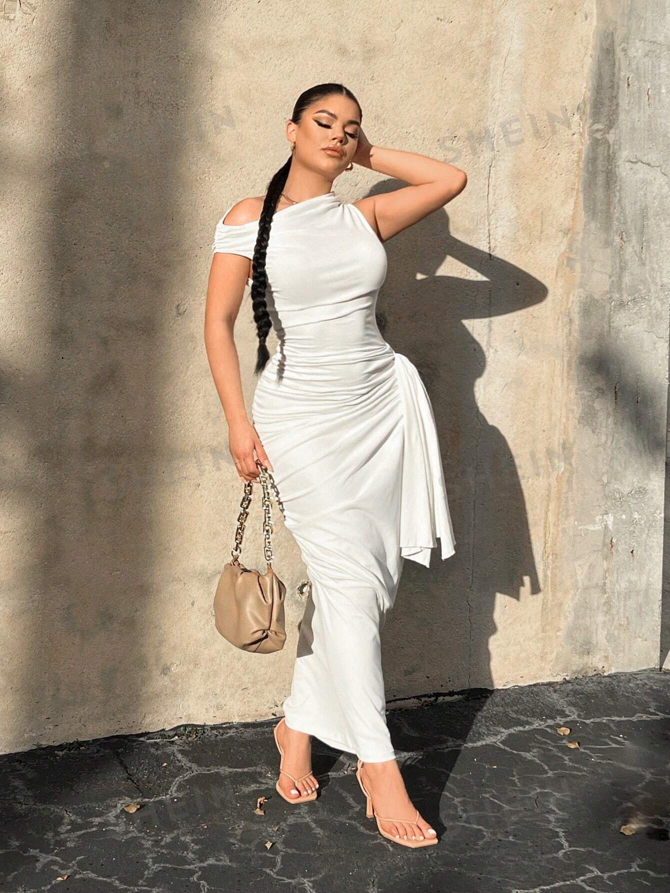 asymmetrical neck ruched bodycon dress SHEIN Belle Asymmetrical Neck Ruched Bodycon Dress