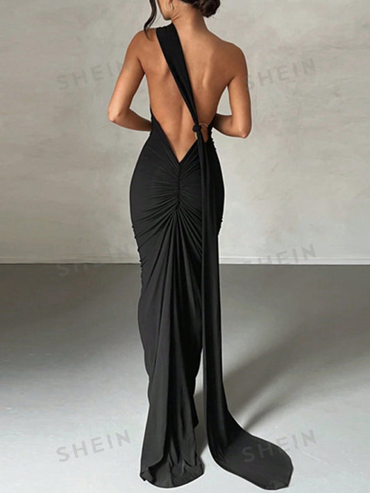 Ring Linked Ruched Backless Dress