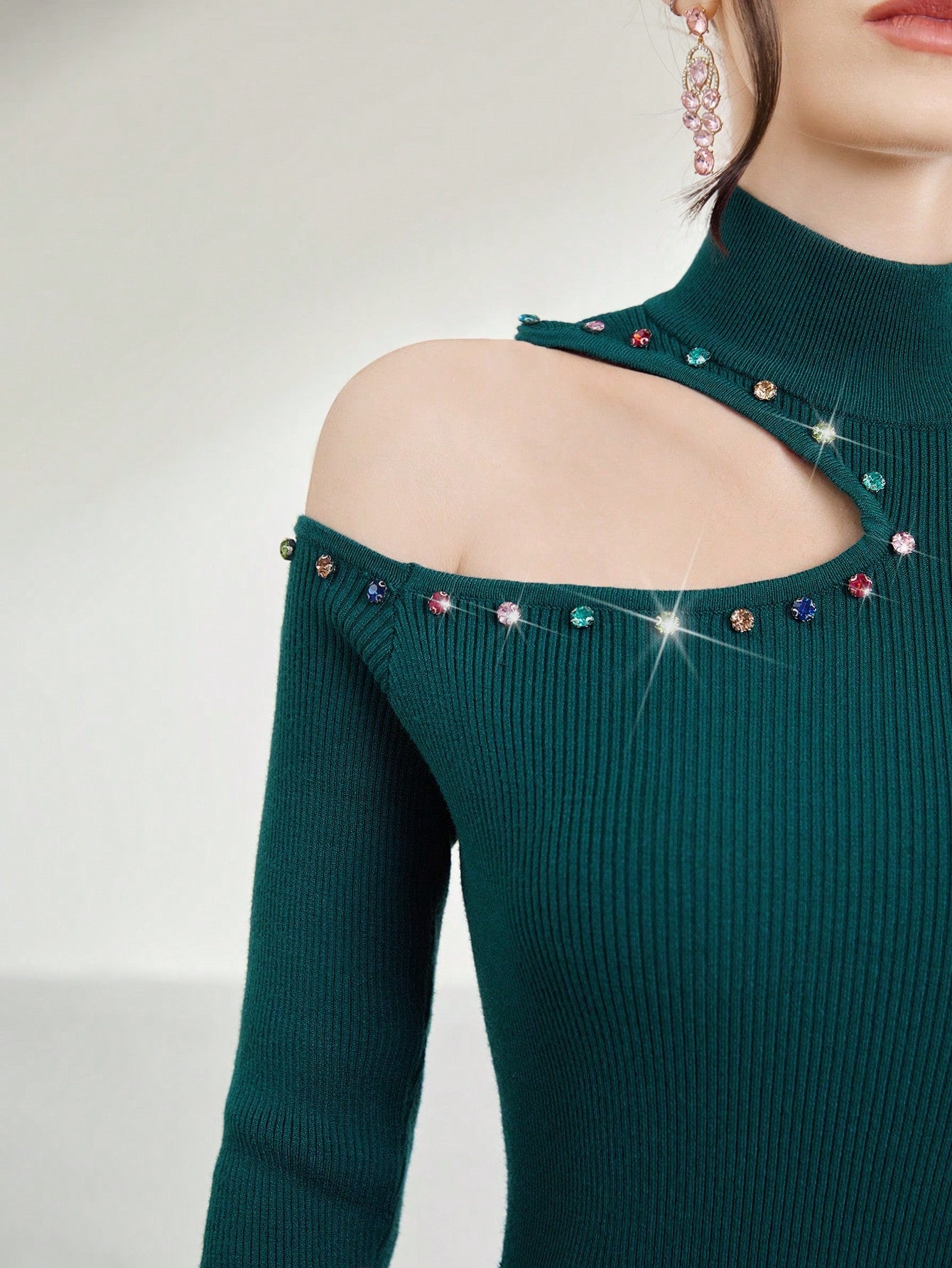 Rhinestone Detail Cut Out Bodycon Sweater Dress