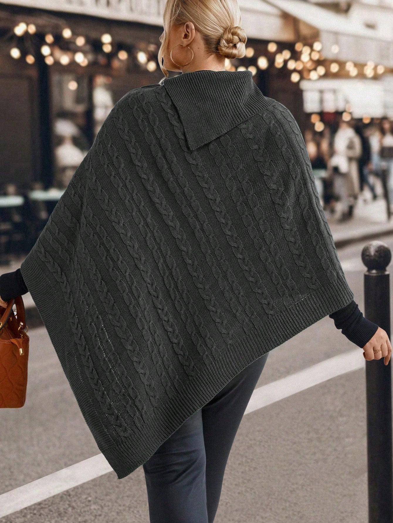 Plus Turtleneck Batwing Sleeve Button Detail Asymmetrical Hem Poncho Sweater