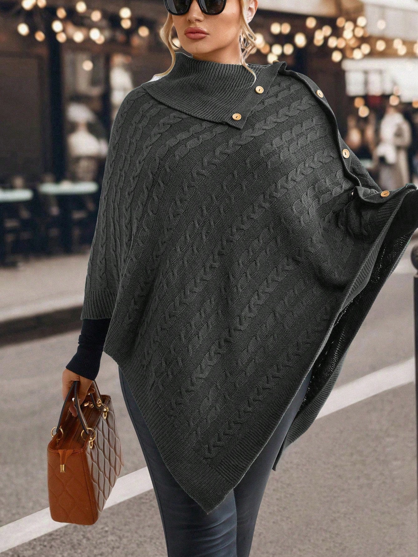 Plus Turtleneck Batwing Sleeve Button Detail Asymmetrical Hem Poncho Sweater