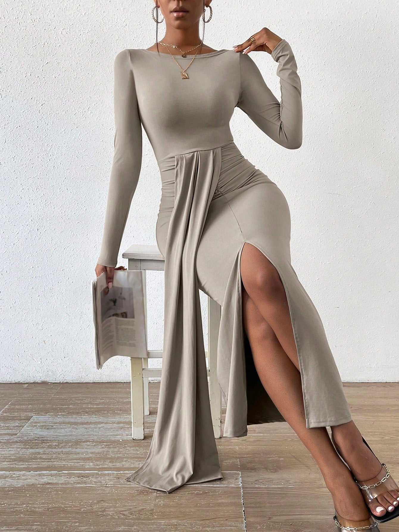 Solid Split Thigh Draped Detail Bodycon Dress