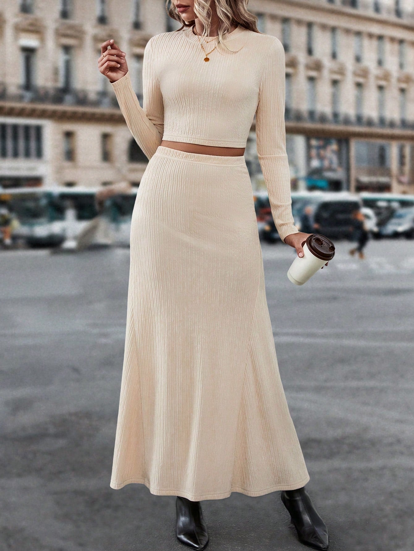 Elegant Long Sleeve Crop Tee & Slim Fit Skirt Set