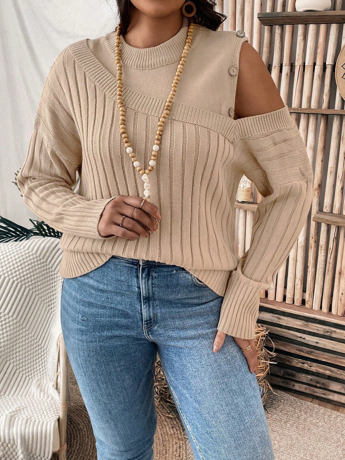 Plus Cold Shoulder Ribbed Knit Sweater