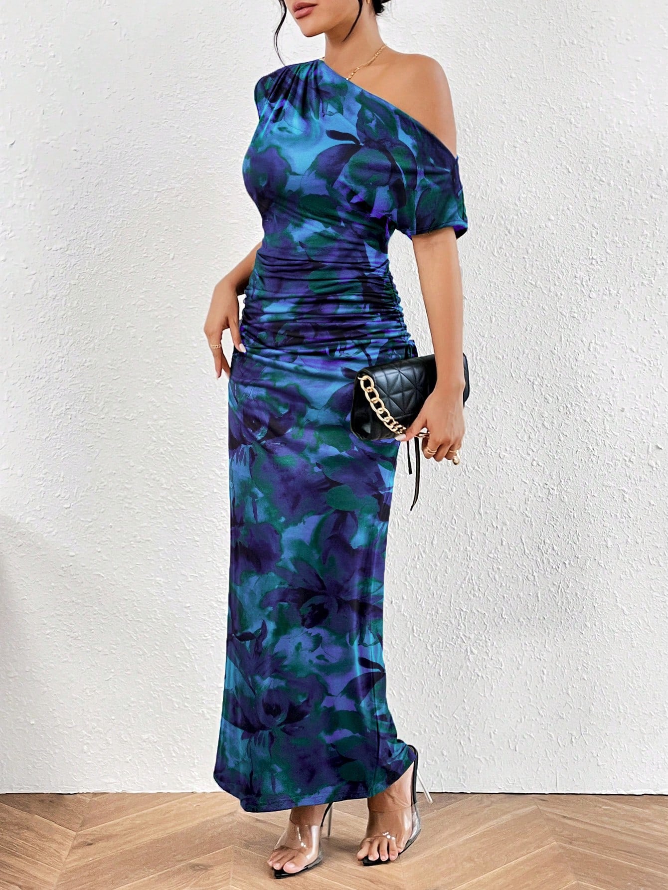 Leopard Print Asymmetrical Neck Ruched Side Mermaid Dress