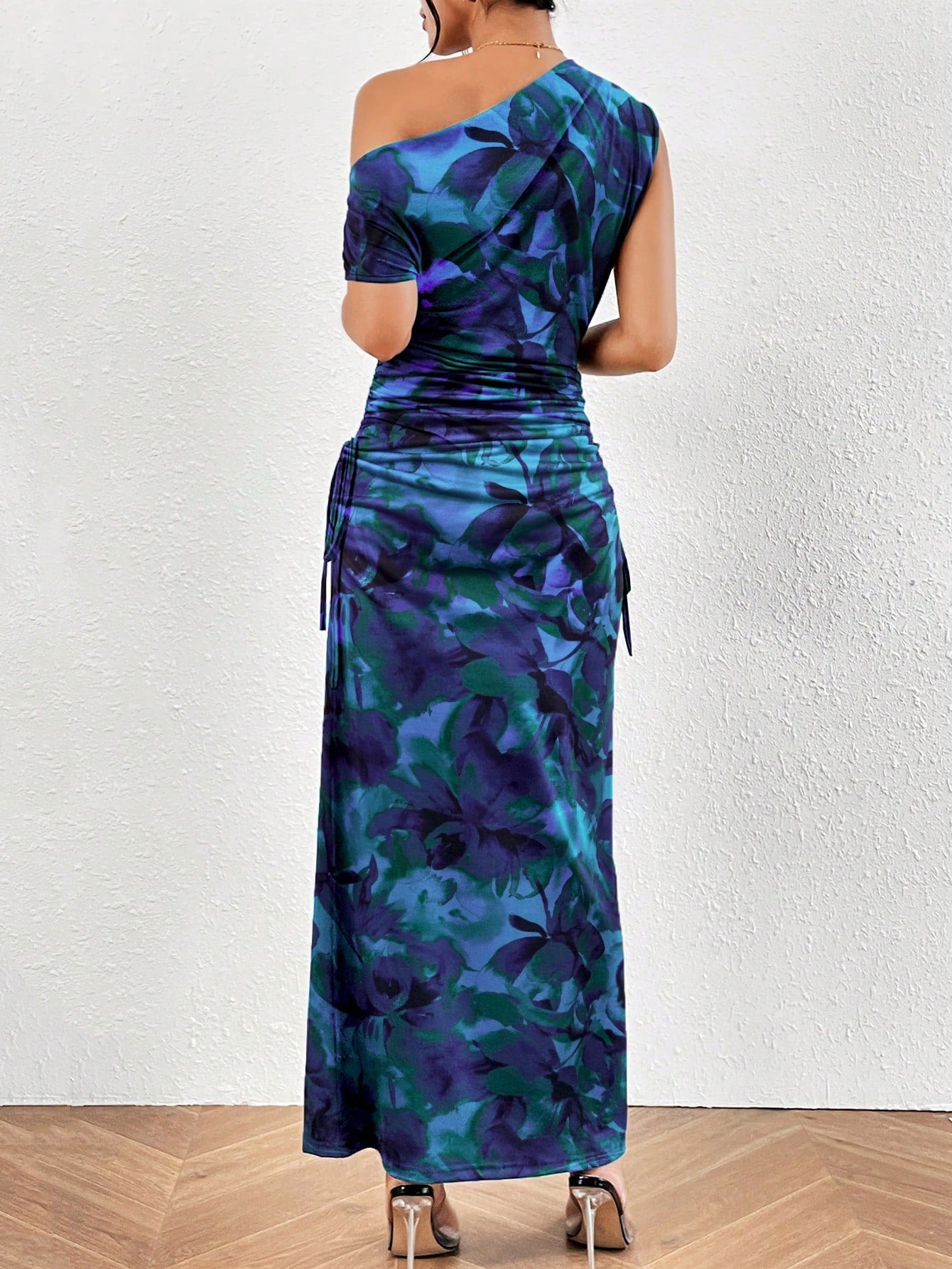 Leopard Print Asymmetrical Neck Ruched Side Mermaid Dress