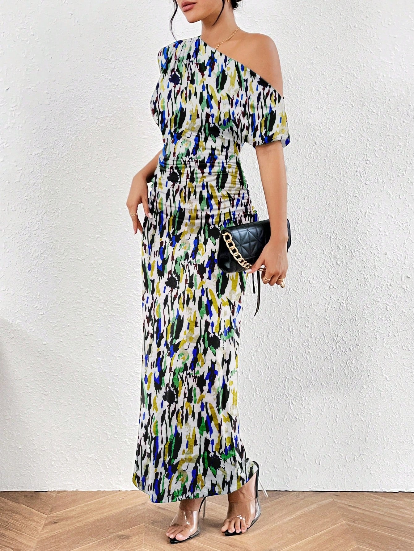Leopard Print Asymmetrical Neck Ruched Side Mermaid Hem Dress