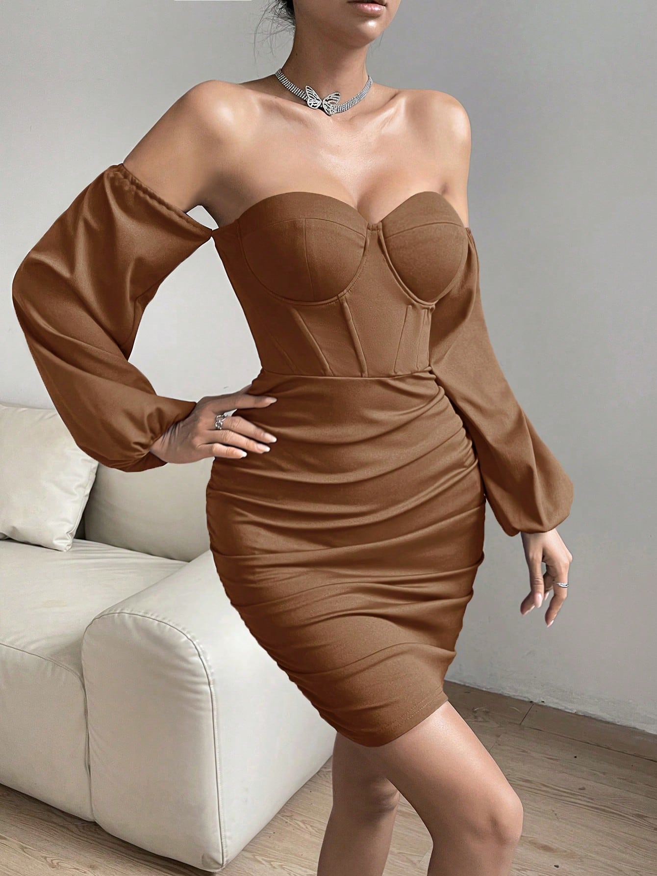 Women's Off Shoulder Lantern Sleeve Ruffle Bodycon Dress