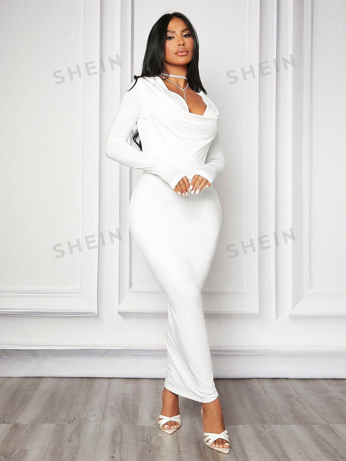 Off-Shoulder Super Stretchy Bodycon Long Sleeve Dress With Flounce Neckline