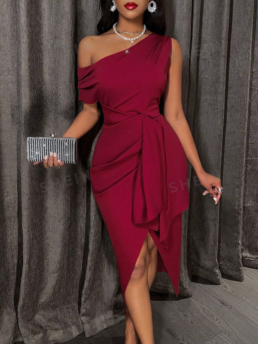 Slayr Valentine New Year's Asymmetrical Neck Ruffle Trim Club Evening Gown Hristmas Red Dress Sexy Outfits Bodycon Dress