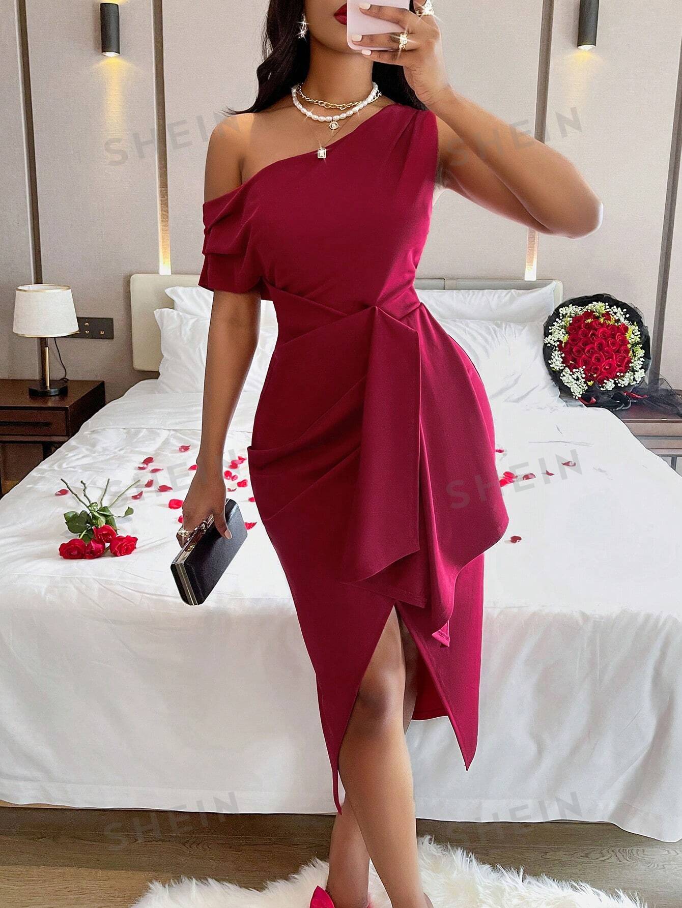 Slayr Valentine New Year's Asymmetrical Neck Ruffle Trim Club Evening Gown Hristmas Red Dress Sexy Outfits Bodycon Dress