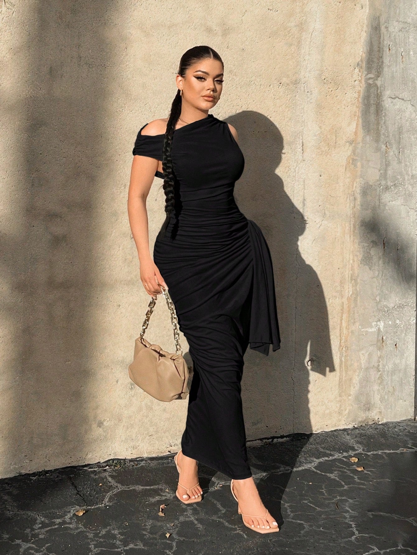 SXY Asymmetrical Neck Draped Side Ruched Bodycon Dress