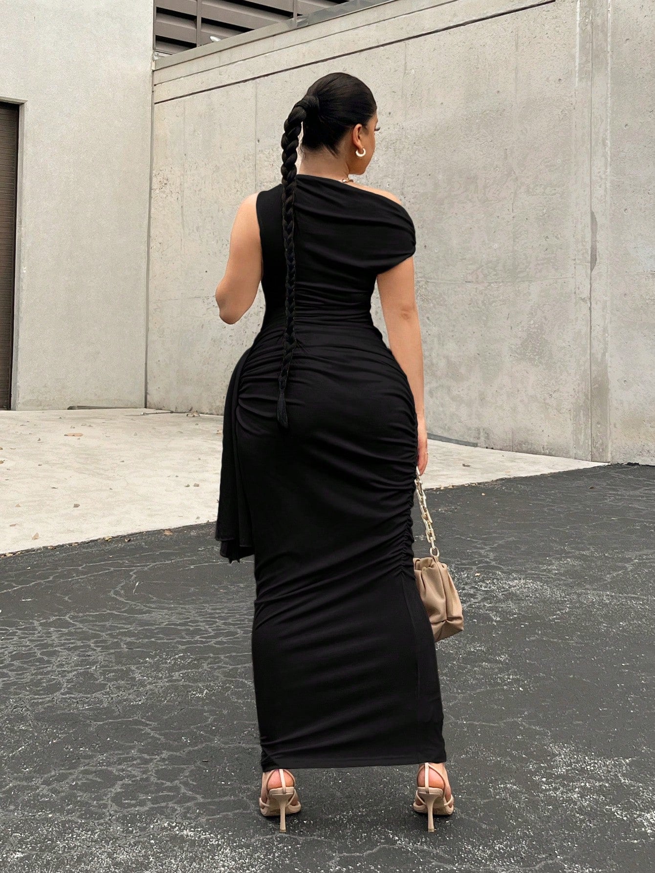 Asymmetrical Neck Draped Side Ruched Bodycon Dress