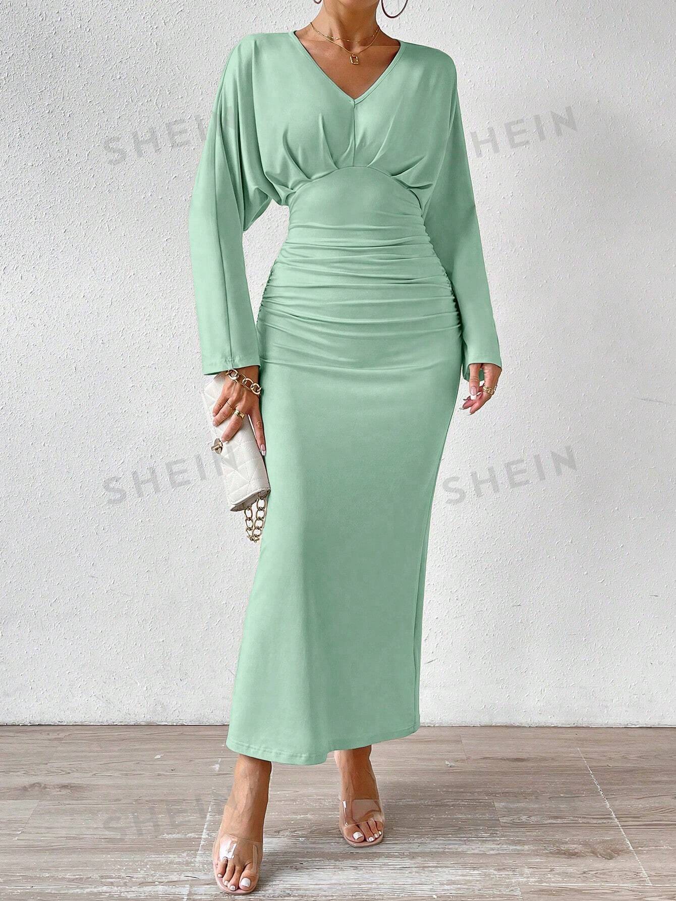 Privé V-neck Pleated Batwing-sleeve Dress