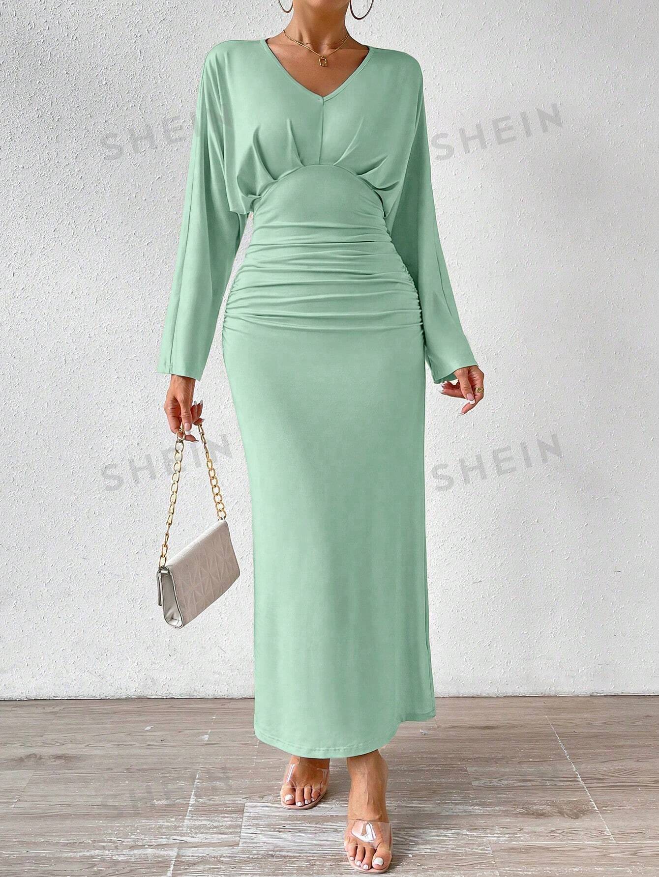 Privé V-neck Pleated Batwing-sleeve Dress