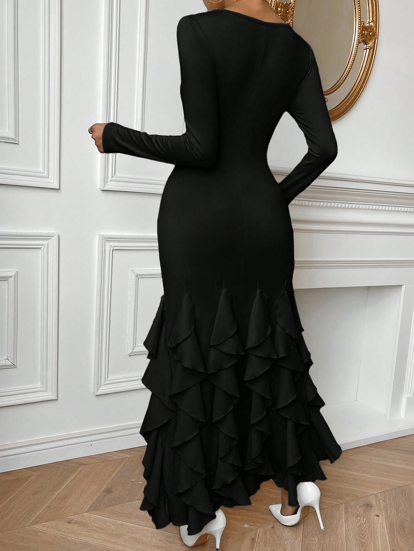 Privé Ruffle Hem Long Sleeve Long Black Bodycon Dress