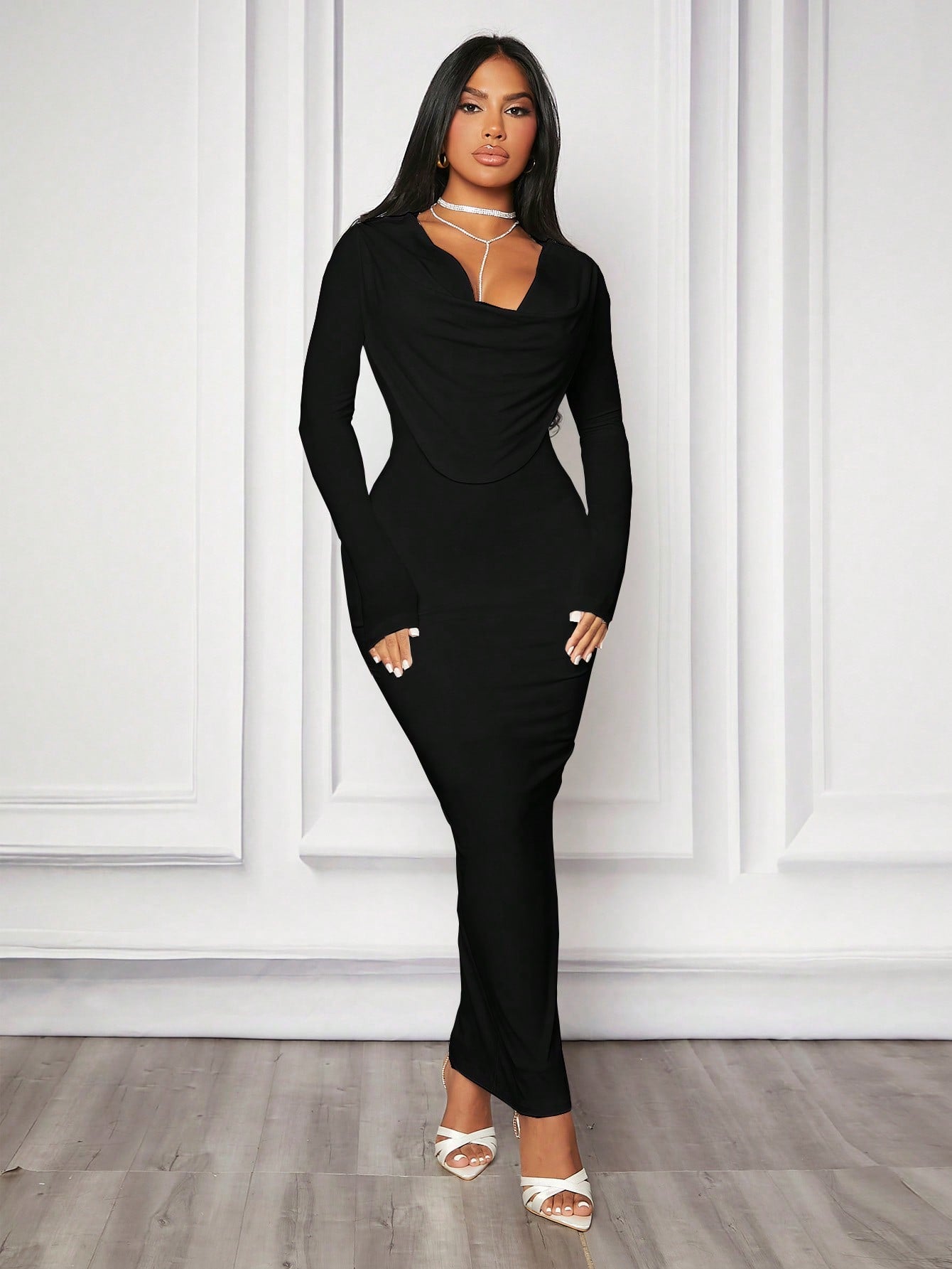 Off-Shoulder Super Stretchy Bodycon Long Sleeve Dress With Flounce Neckline