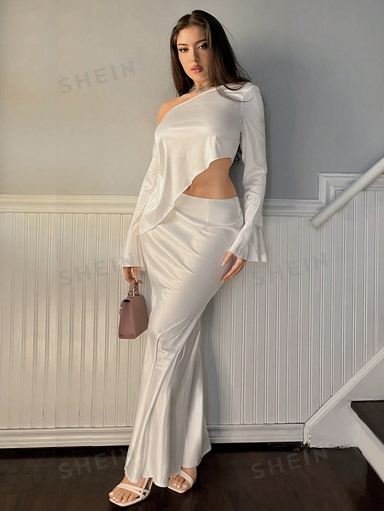 Privé Satin Off-Shoulder Flared Long Sleeve Blouse With Asymmetric Hem + Low Waist Fish-Tail Skirt