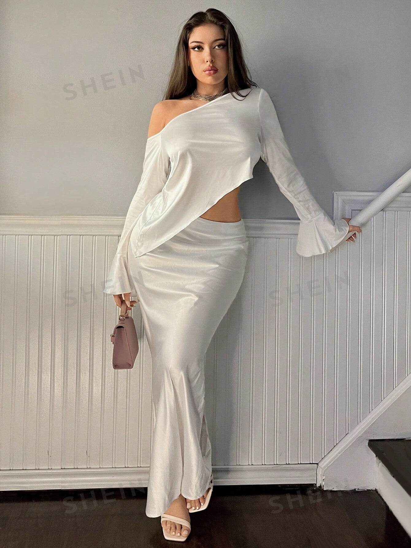 Privé Satin Off-Shoulder Flared Long Sleeve Blouse With Asymmetric Hem + Low Waist Fish-Tail Skirt