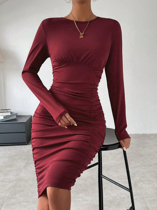 Women's Pleated Long Sleeve Slim Fit Dress