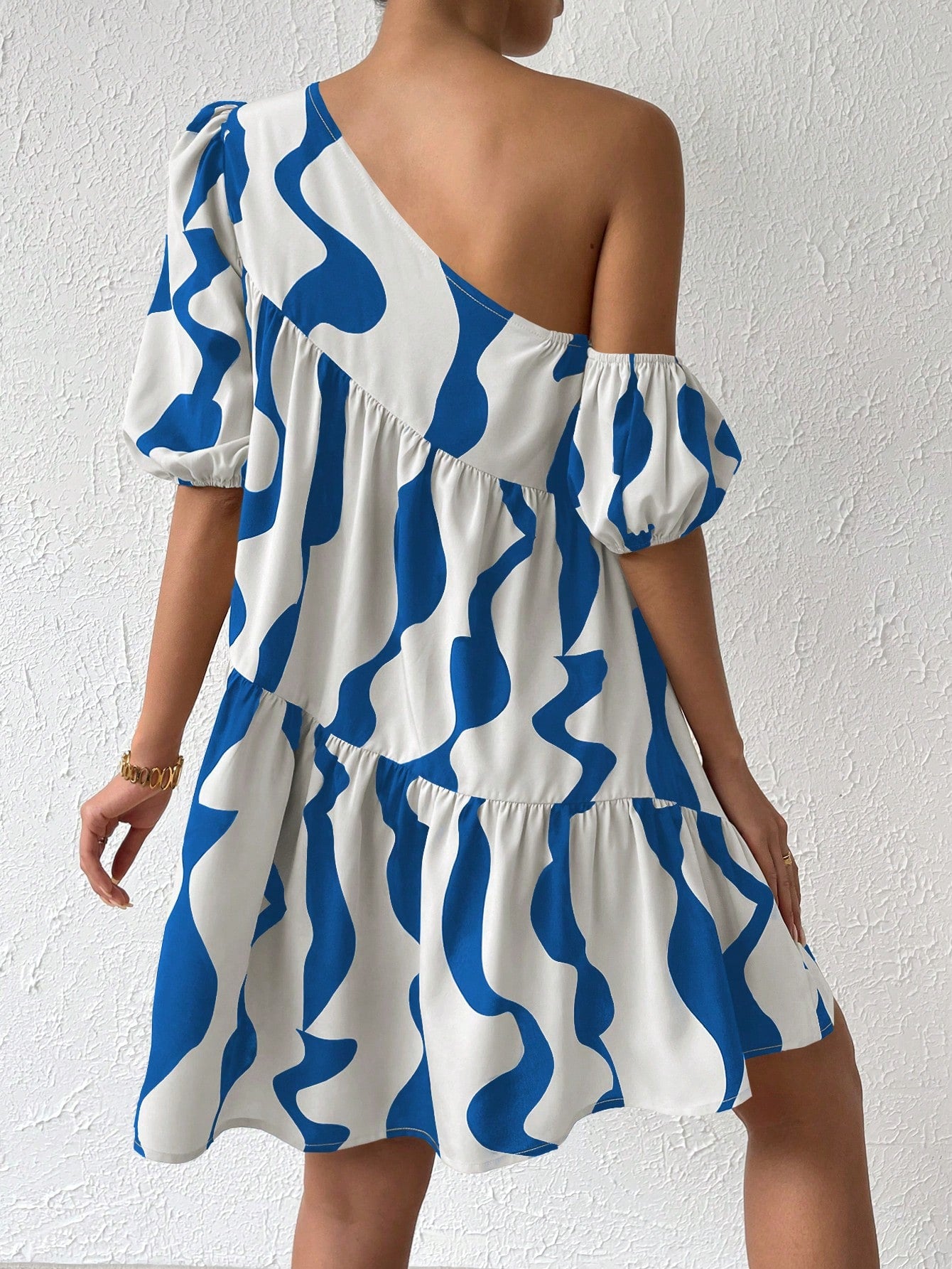 Allover Print Asymmetrical Neck Puff Sleeve Ruffle Hem Smock Dress