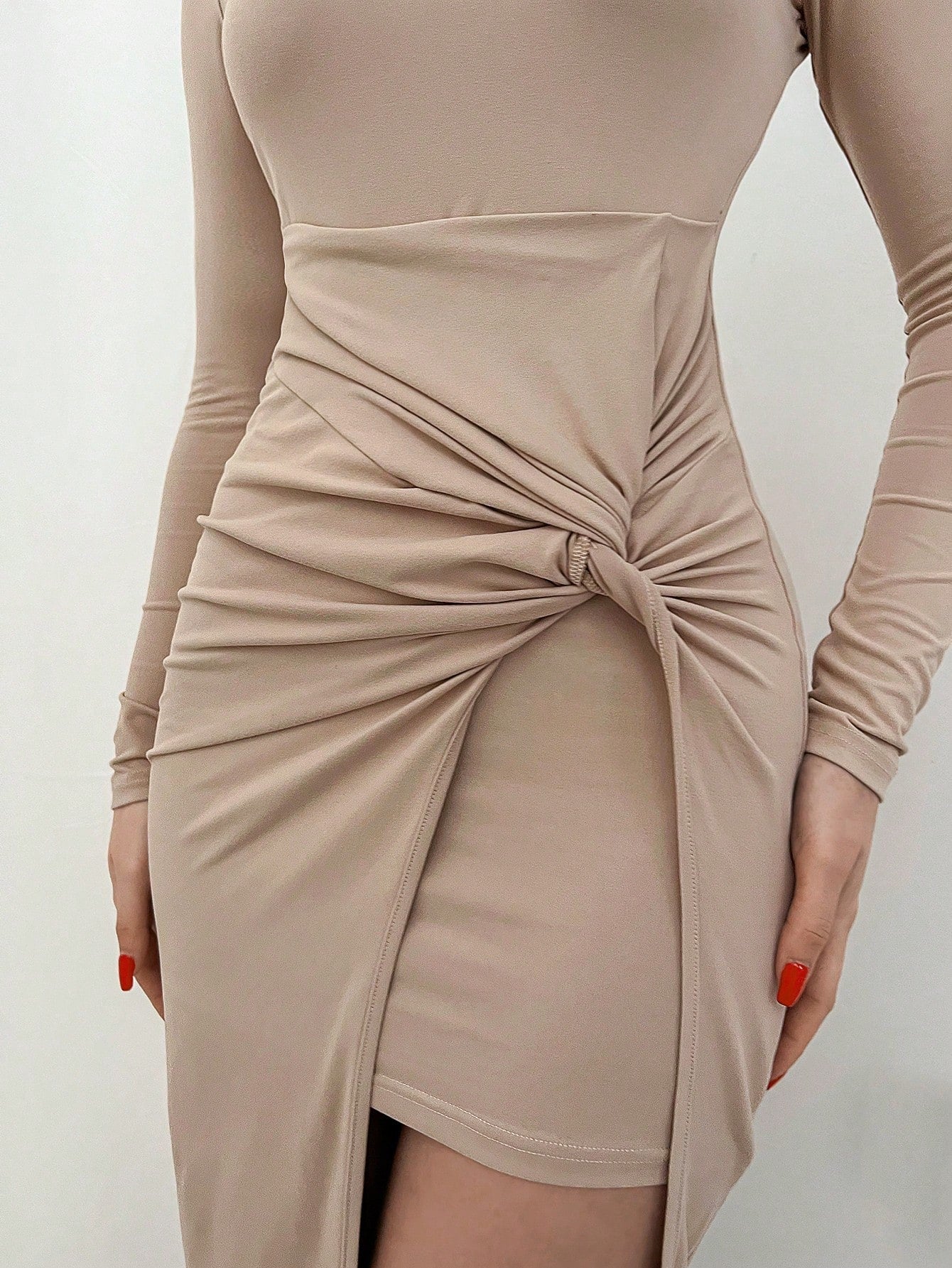 Women's Twisted Knotted High Side Slit Round Neck Bodycon Dress