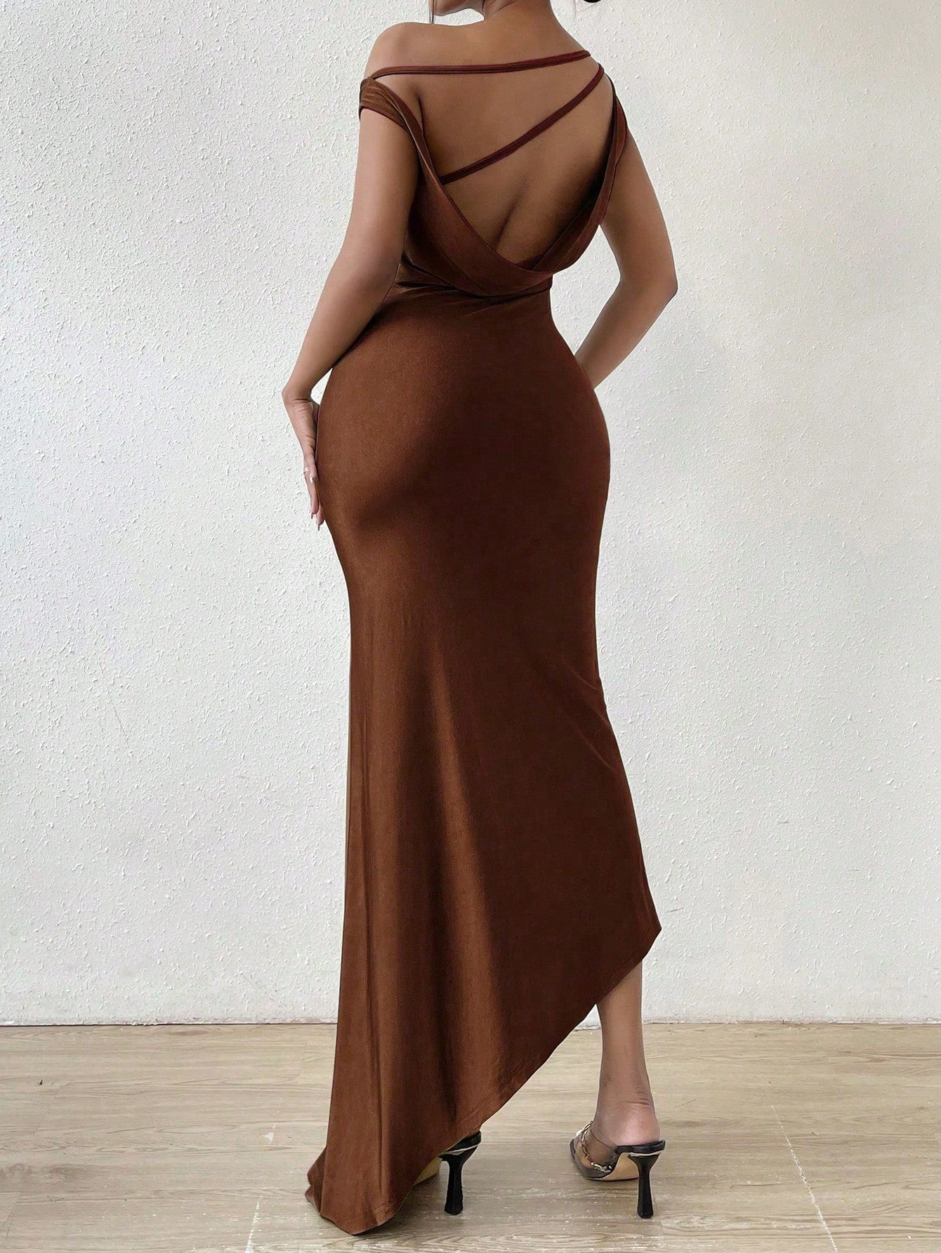 SXY Solid Asymmetrical Neck Open Back Dress