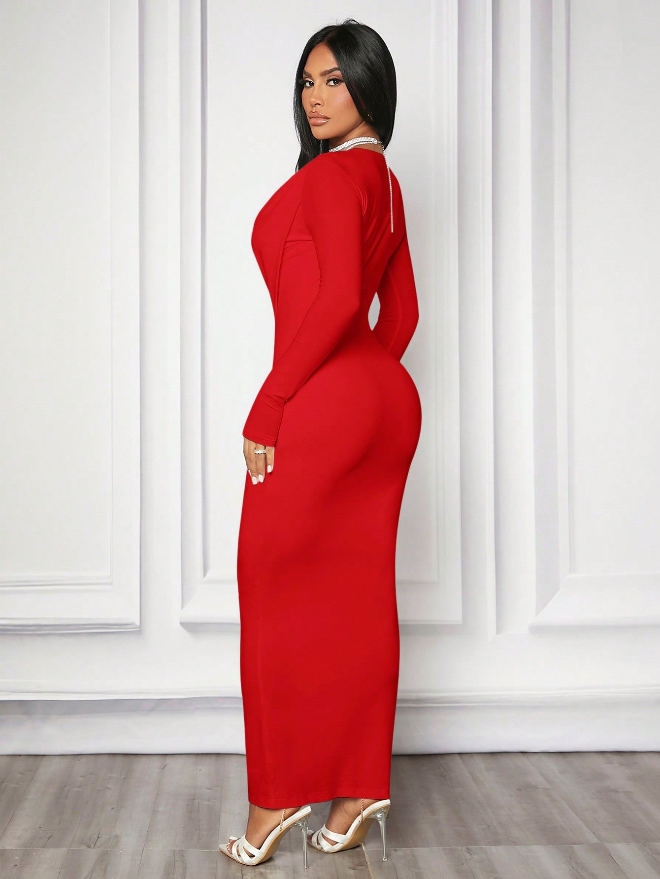 Off-Shoulder Super Stretchy Bodycon Long Sleeve Dress With Flounce Neckline