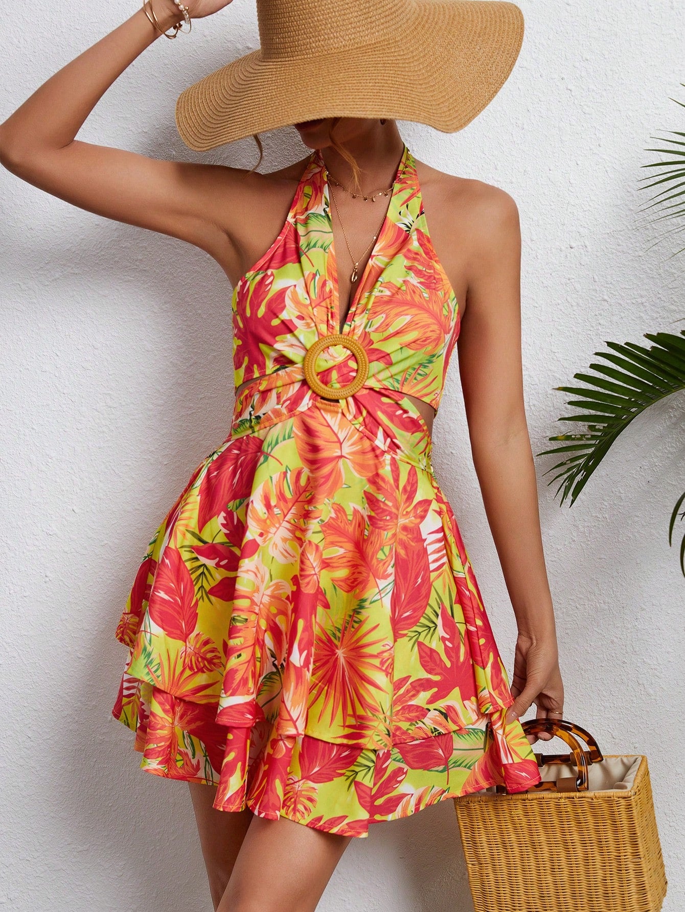 WYWH Tropical Print O-ring Detail Layered Hem Tie Backless Halter Dress