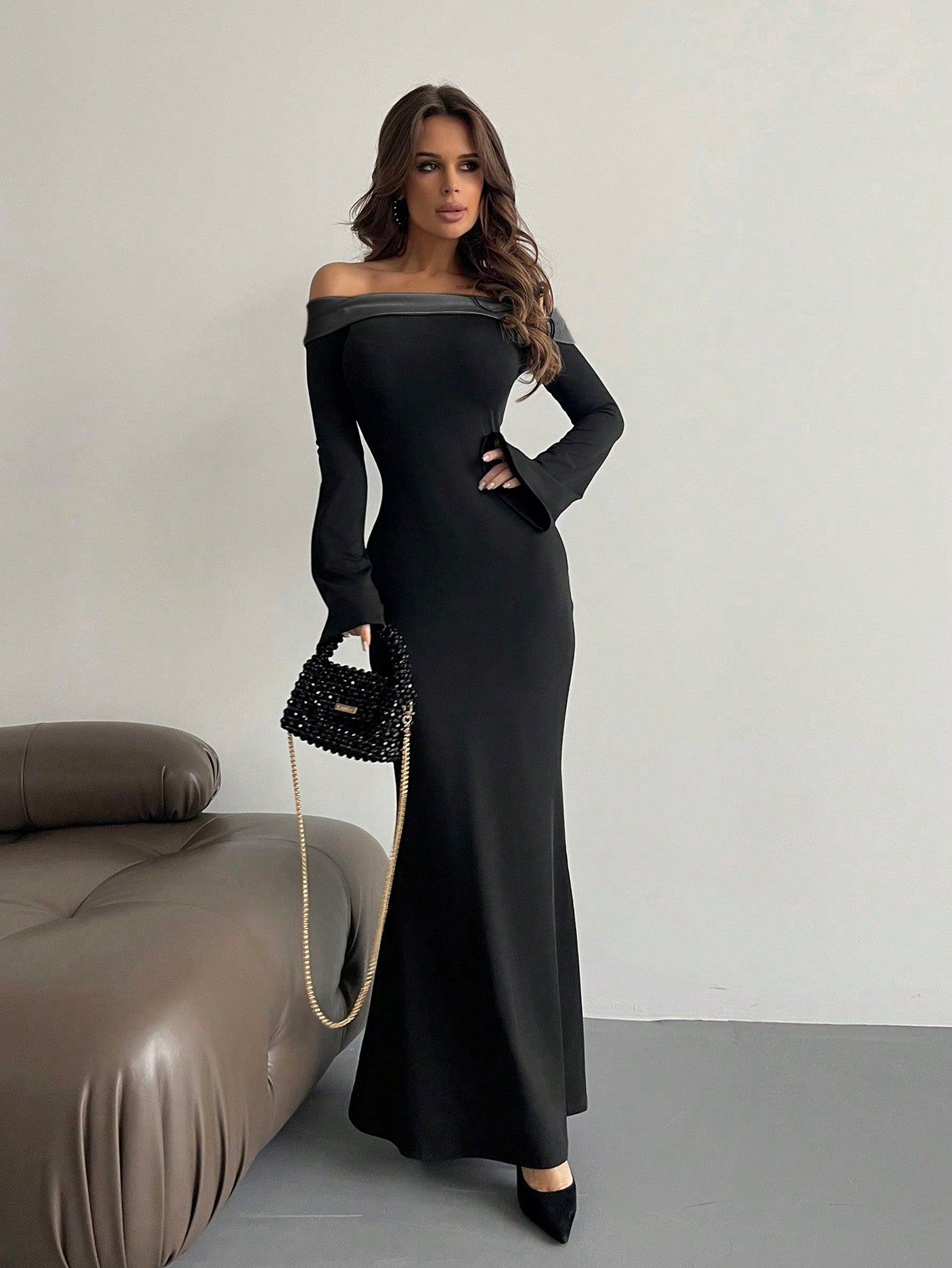 Off Shoulder Bell Sleeve Bodycon Long Black Dress