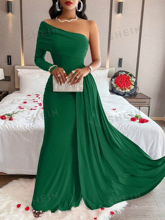 Oblique Shoulder Elegant Long Sleeve Dress