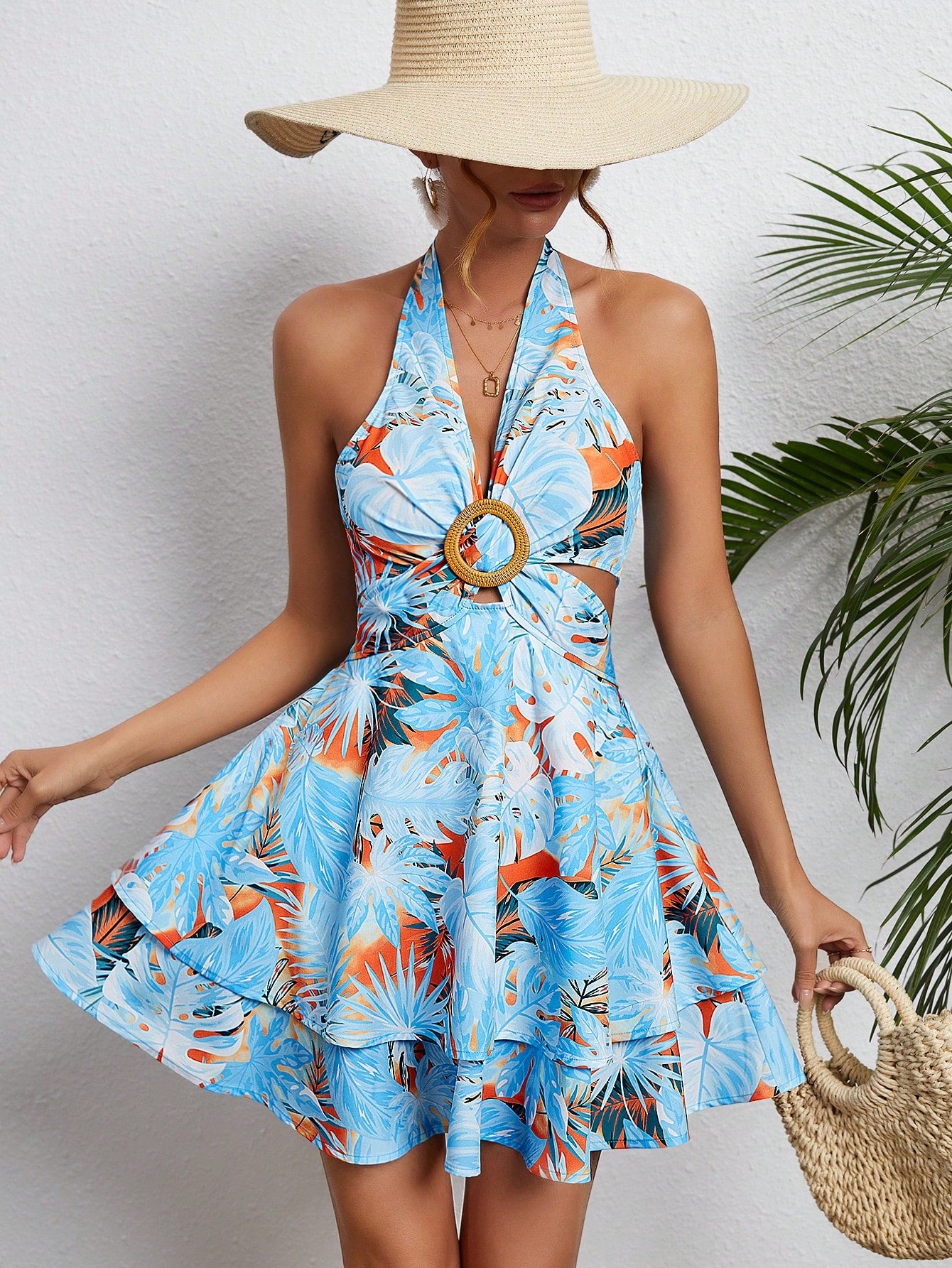 WYWH Tropical Print O-ring Detail Layered Hem Tie Backless Halter Dress