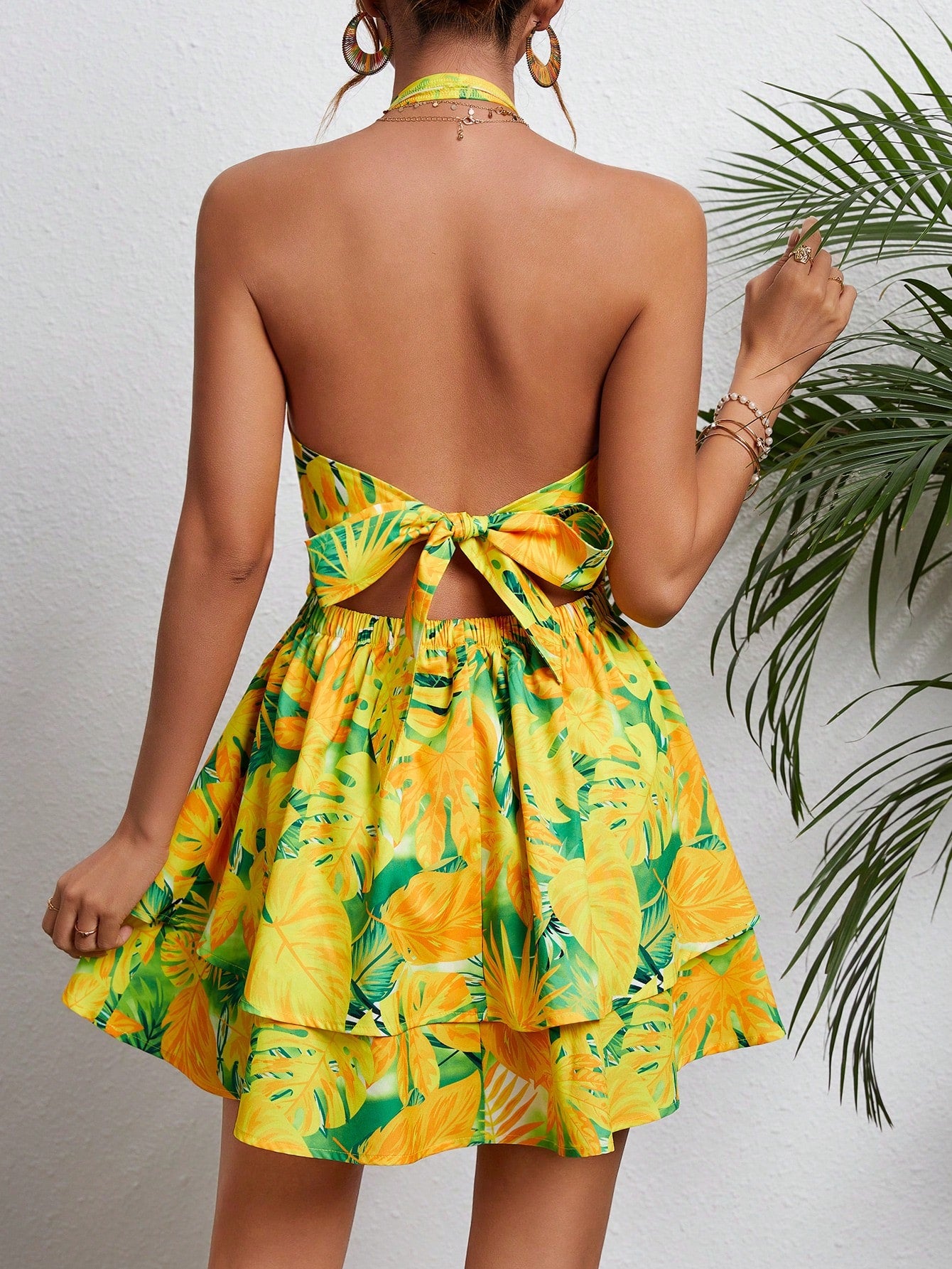 WYWH Tropical Print O-ring Detail Layered Hem Tie Backless Halter Dress