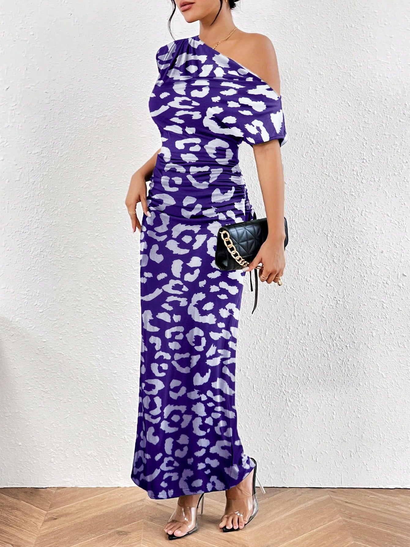 Leopard Print Asymmetrical Neck Ruched Side Mermaid Dress