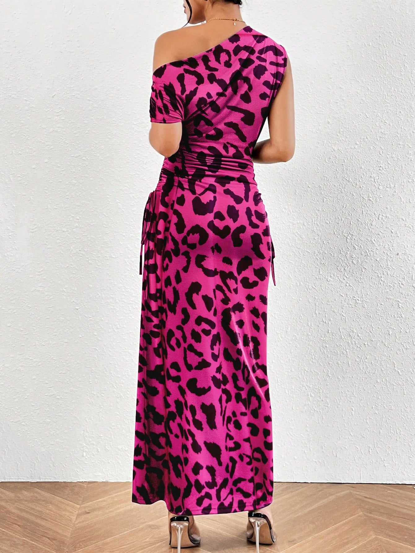 Leopard Print Asymmetrical Neck Ruched Side Mermaid Dress